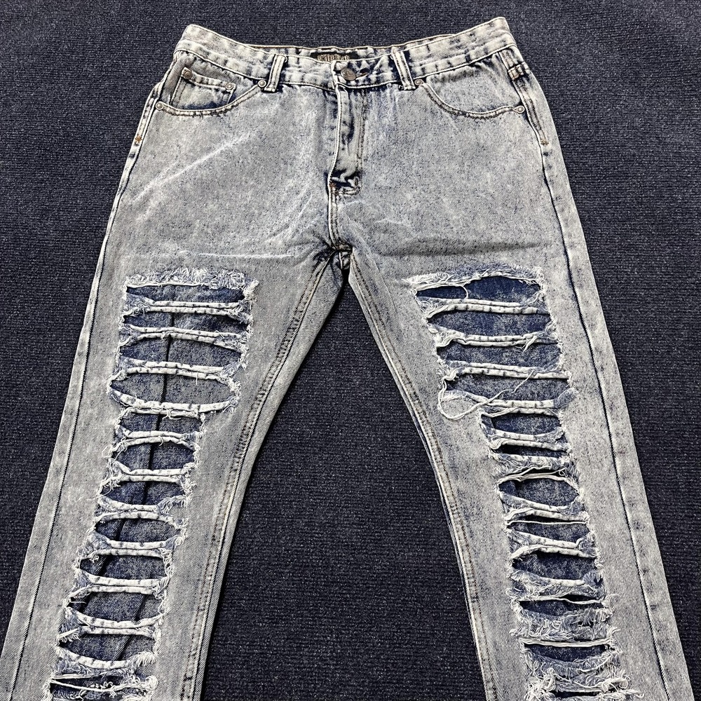 Y2K City Ink Jeans Mens 30 Light Wash Blue Distressed Ripped Ladder Cutout Slim